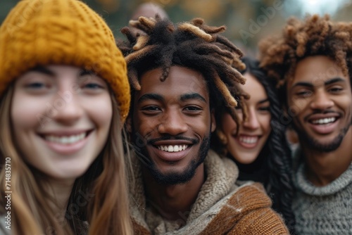 A reusable young group of happy people takes a selfie photo on a camera outside
