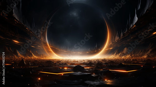 Abstract black and gold color background with wave line pattern and round shaped, glowing light, 3D illustration.	 photo