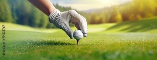 A golfer's hand placing a golf ball on a tee on a sunny, lush green course. Preparation for the start of the game. Panorama with copy space.