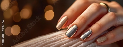 Close-up of female hand with metallic nail polish. Perfect manicure. Panorama with copy space.