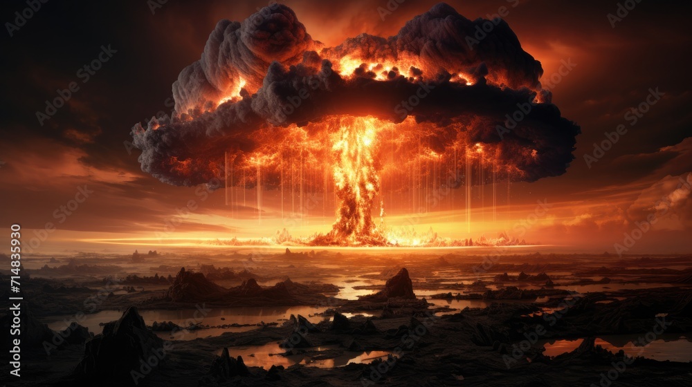An intense depiction of a futuristic nuclear explosion against a dark background, illustrating a dramatic and ominous scene. An intense depiction of a futuristic nuclear explosion against a dark background, illustrating a dramatic and ominous scene.