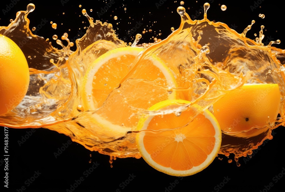 Fototapeta premium A cinematic shot capturing the moment of orange fruits falling into water with a splash, perfect for commercial use, particularly for advertising orange juice or refreshing beverages.