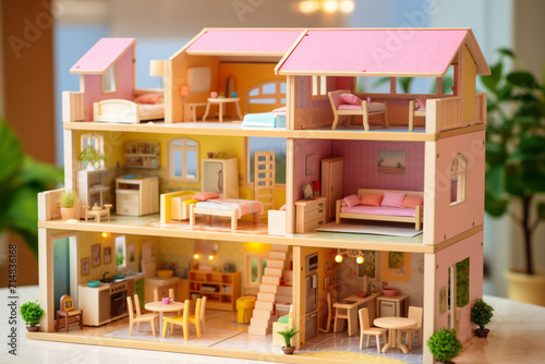Luxurious toy villa. Cottage house  part cut with furniture.