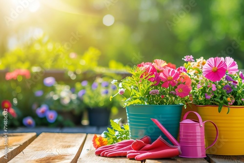 colorful flower pots with watering can and gloves. Hobby concept with plants, flowerpots on wooden deck terrace on sunny garden. Floral design for house decoration