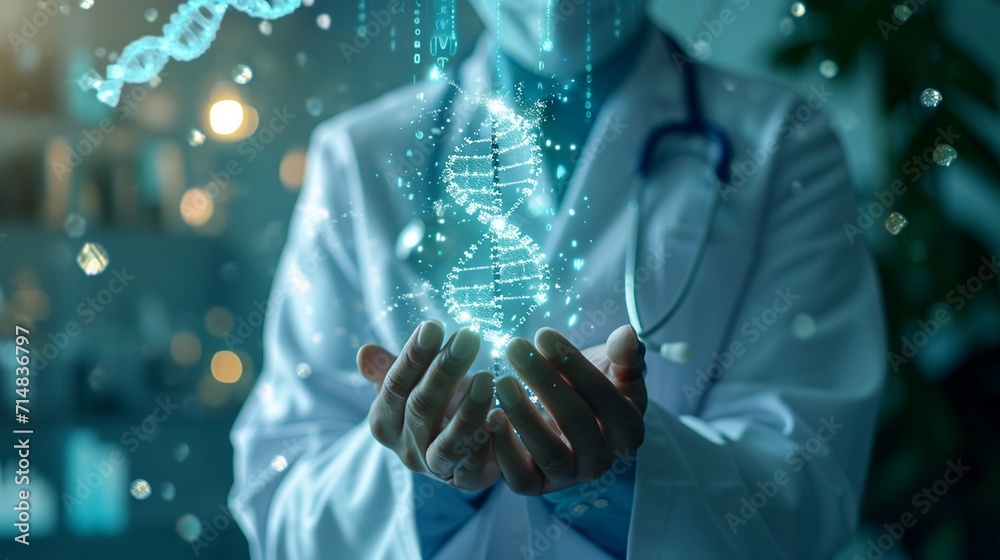 Medical technology. Doctor holding health icon with dna, electronic medical record. Digital healthcare and research with global network connection on hologram virtual screen, digital health technology - obrazy, fototapety, plakaty 