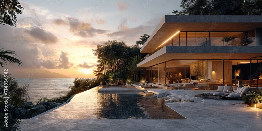 Fototapeta premium modern minimalistic house perched on a sea cliff sunrise ambiance with hues of soft yellow, light pink, and sky blue overlooking tranquil ocean, gentle morning light