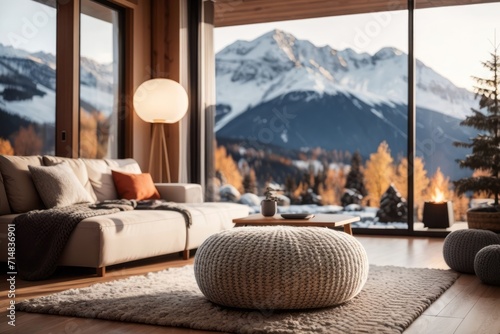 Scandinavian interior home design of modern living room with knitted sofa and pouf with fireplace, mountain view window