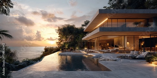 modern minimalistic house perched on a sea cliff sunrise ambiance with hues of soft yellow, light pink, and sky blue overlooking tranquil ocean, gentle morning light