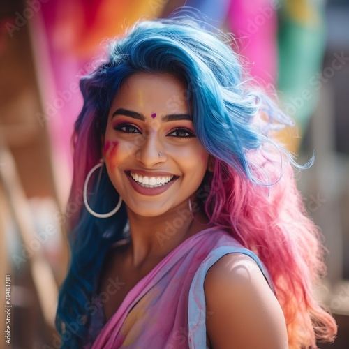 Portrait of a beautiful young woman with bright makeup and blue hair. AI.