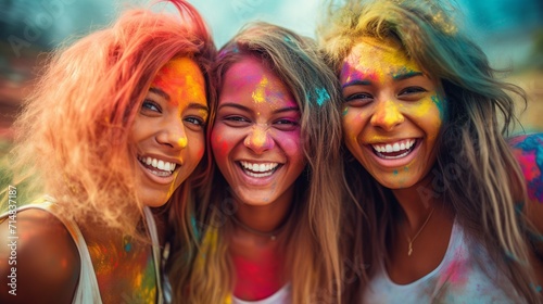 Portrait of group of friends having fun at holi color festival. AI.