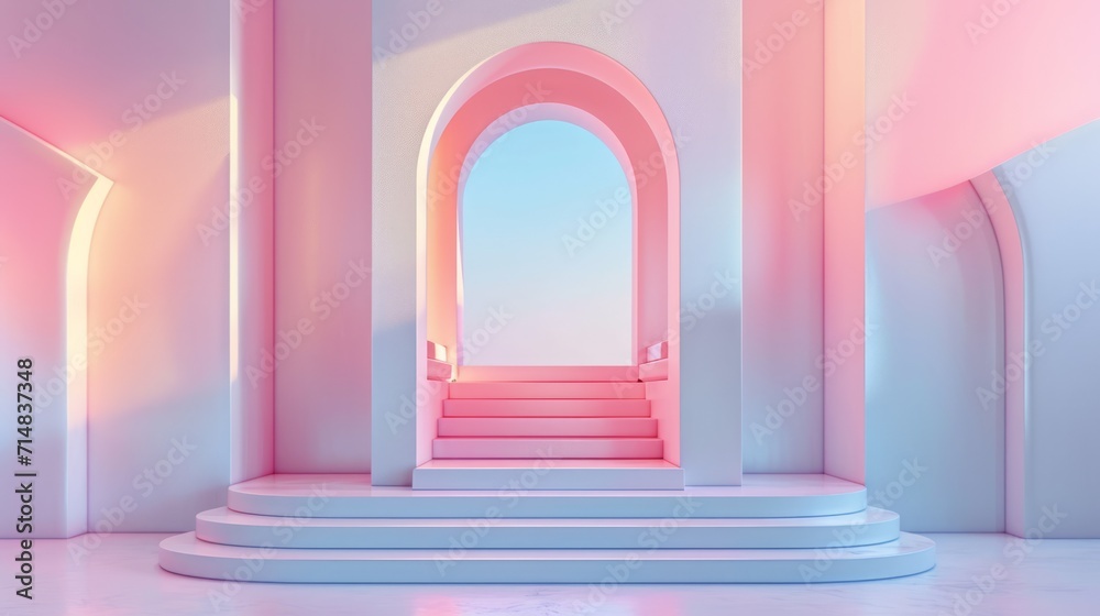 Modern geometric style featuring an arch and stairs within a trendy minimal interior. Modern geometric style featuring an arch and stairs within a trendy minimal interior.