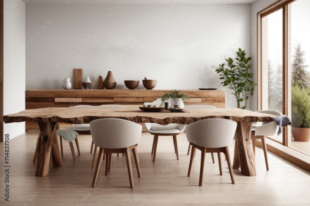 Interior home design of modern dining room with chairs and rustic wooden slab dining table with wooden furniture and houseplants near the window Interior home design of modern dining room with chairs and rustic wooden slab dining table with wooden furniture and houseplants near the window