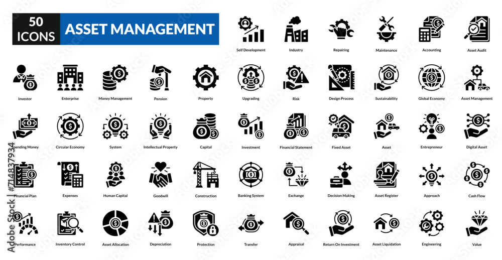 Asset management glyph icon collection set