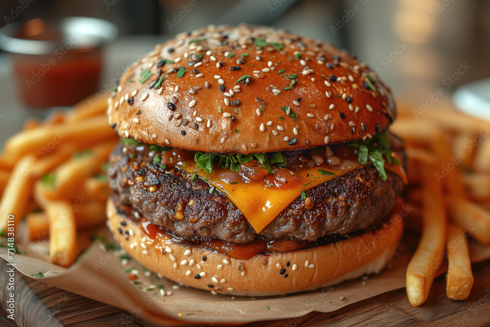 Delicious juicy big burger with meat, cheese and vegetables, hamburger with fries Delicious juicy big burger with meat, cheese and vegetables, hamburger with fries