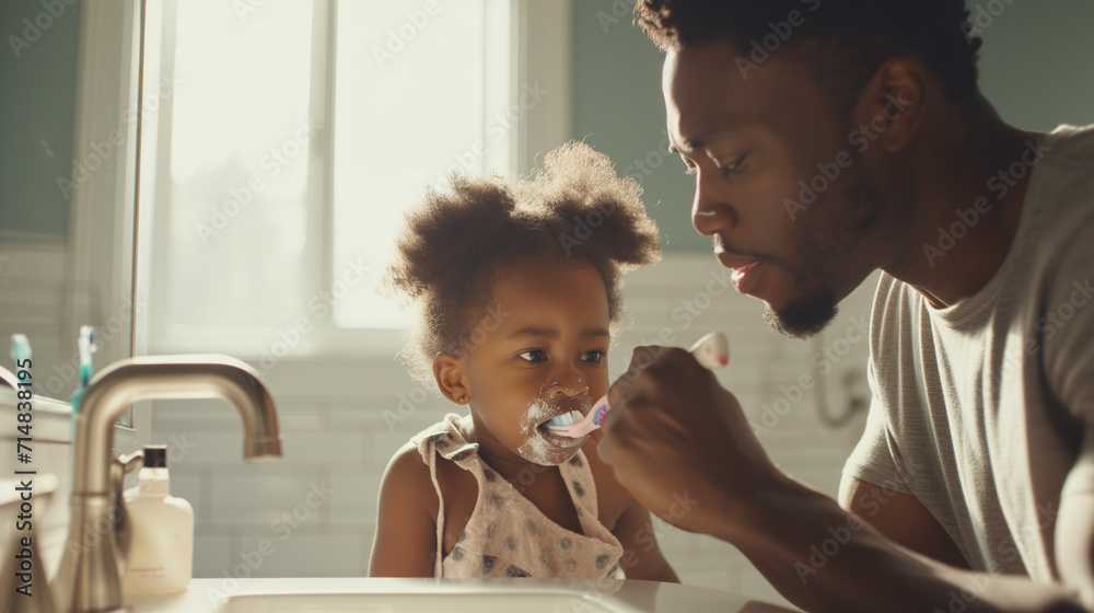 A father takes care of his daughter´s oral health by supporting her brushing her teeth in the bathroom. - obrazy, fototapety, plakaty 
