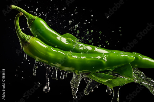 Fresh green chili pepper in a splash of water. Generative AI.