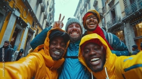 A reusable young group of happy people takes a selfie photo on a camera outside © Александр Лобач