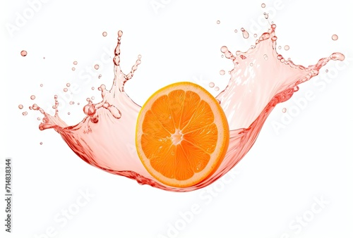 Freshly sliced oranges and whole orange fruits depicted with water splashing, vibrantly isolated against an orange background.