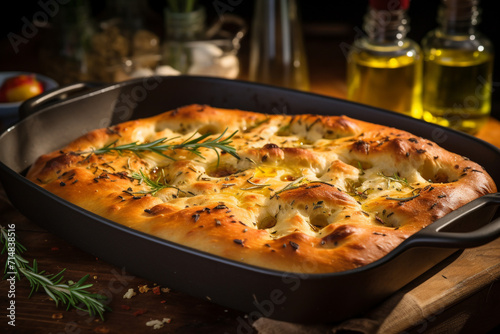 Oven baked focaccia bread. Restaurant dish.