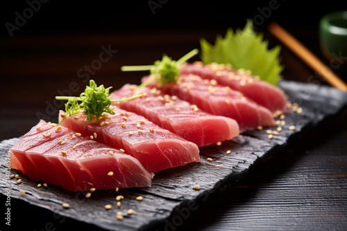 Tuna sashimi garnished with pea microgreens. A plate with a restaurant dish on the table.