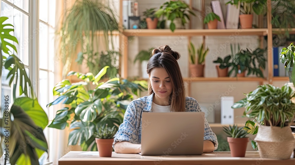 A cozy home office setup with a stylish, minimalistic design, featuring a young professional working on a laptop, with a pet sleeping nearby A cozy home office setup with a stylish, minimalistic design, featuring a young professional working on a laptop, with a pet sleeping nearby