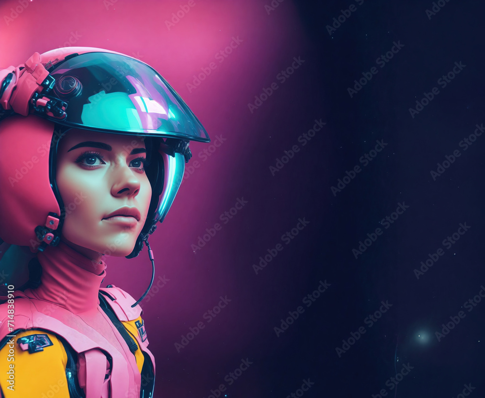 Portrait of young woman in a spacesuit on gradient background Portrait of young woman in a spacesuit on gradient background