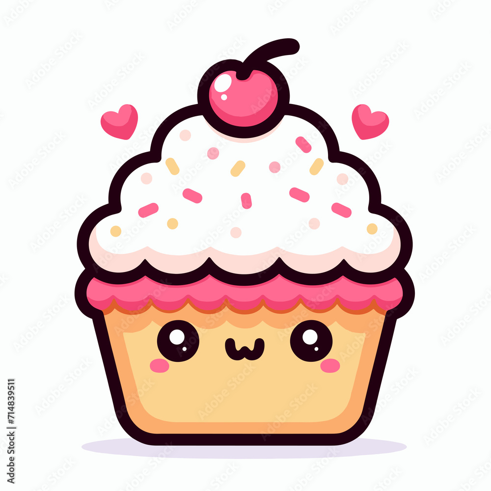 Cute cupcake with a cherry and hearts, vector illustration in flat style, kawaii cupcake pastry icon, generative ai