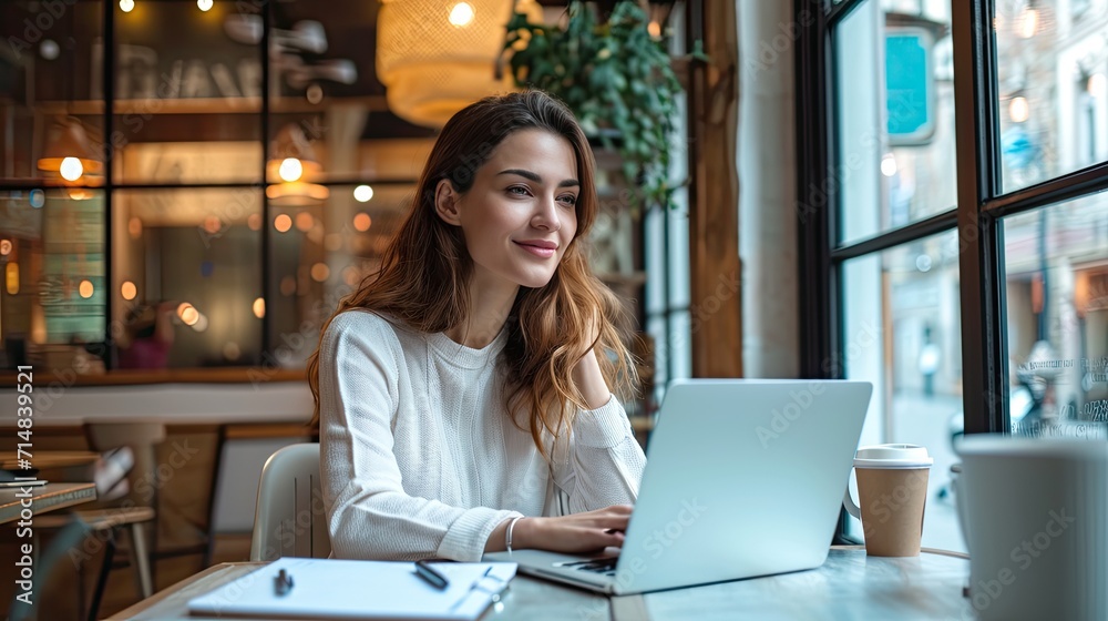 A cozy home office setup with a stylish, minimalistic design, featuring a young professional working on a laptop, with a pet sleeping nearby A cozy home office setup with a stylish, minimalistic design, featuring a young professional working on a laptop, with a pet sleeping nearby