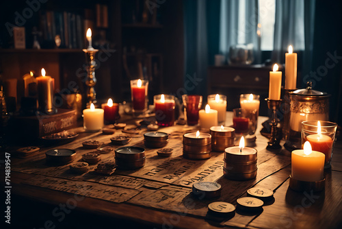 Room with many candles, and a spirit ouija board game lying on the table design. photo
