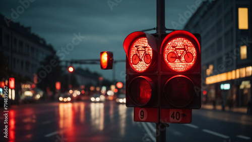 Bicycle stop red warning lamp sign on traffic light road highway driveway drive crossroad intersection evening dark time german city