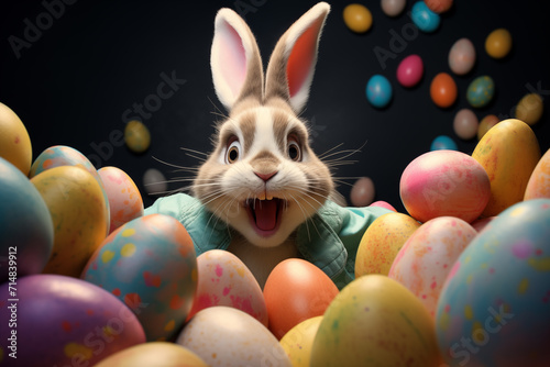 Crazy Easter bunnies, funny and cute. Colorful easter eggs. AI Generative. © martinez80
