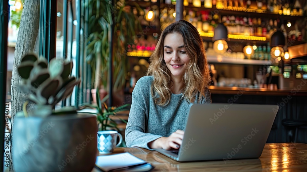 A cozy home office setup with a stylish, minimalistic design, featuring a young professional working on a laptop, with a pet sleeping nearby