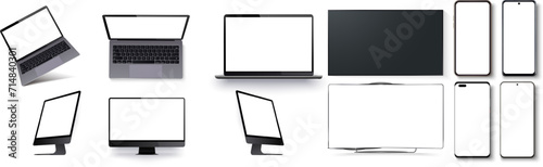Modern Digital Devices Mockup Set. A diverse collection of modern digital device mockups with blank screens, including laptops, monitors, and smartphones. Vector illustration