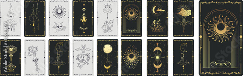 Mystical Tarot Card Designs Collection. Assortment of esoteric tarot cards with celestial and mystical symbols. Esoteric decorative element. Witchcraft, occult, spiritual design. Vector