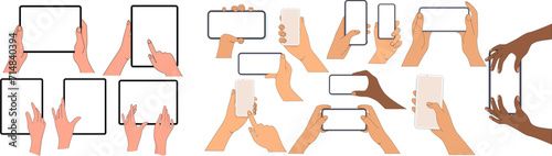 Diverse Hands Holding Devices Illustration Set. Various hand gestures holding blank screens of smartphones and tablets, in different skin tones. Females and males palm is touching smartphone display.