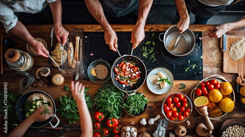 family from a specific cultural background cooking traditional dishes in a modern kitchen photo