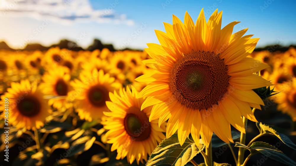 A field of luxurious blooming sunflowers in a rural landscape with a beautiful sky. Generative AI