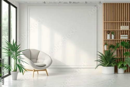 Modern minimalist interior with an armchair on empty white color wall background.3d rendering. generative ai.