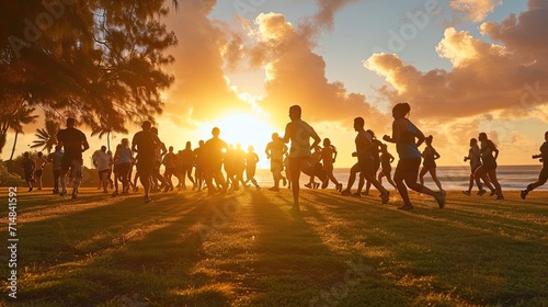 A sunrise or sunset scene of a multi-ethnic group participating in a fitness boot camp at a beach or park photo