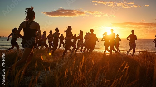 A sunrise or sunset scene of a multi-ethnic group participating in a fitness boot camp at a beach or park