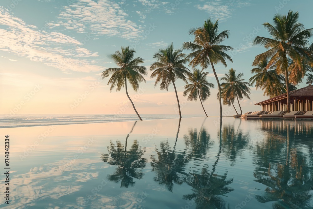 Serene tropical beach with palm trees and reflection at sunrise. Perfect for travel and relaxation themes.