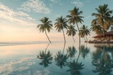 Serene tropical beach with palm trees and reflection at sunrise. Perfect for travel and relaxation themes.