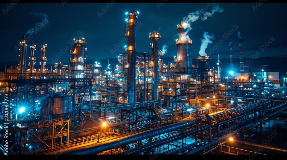 Illuminated industrial complex at night displaying intricate piping and towers with steam, showcasing energy or manufacturing themes.