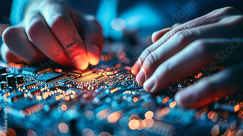 Skilled technician's hand repairing a computer motherboard, emphasizing technology and electronic maintenance. photo