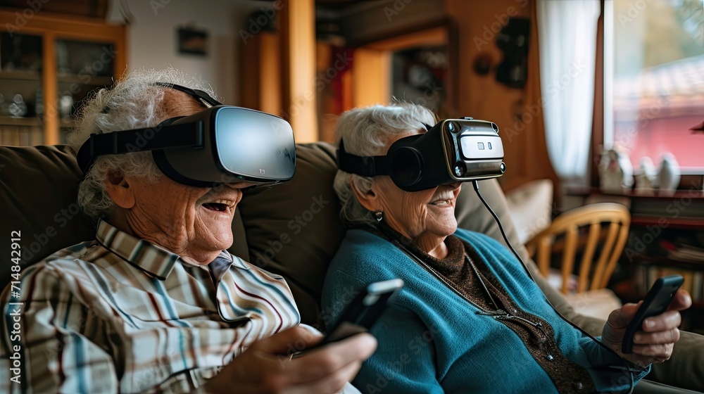 A heartwarming photo of elderly individuals engaging in modern technology, like using a smartphone or virtual reality headset, breaking stereotypes about age and technology