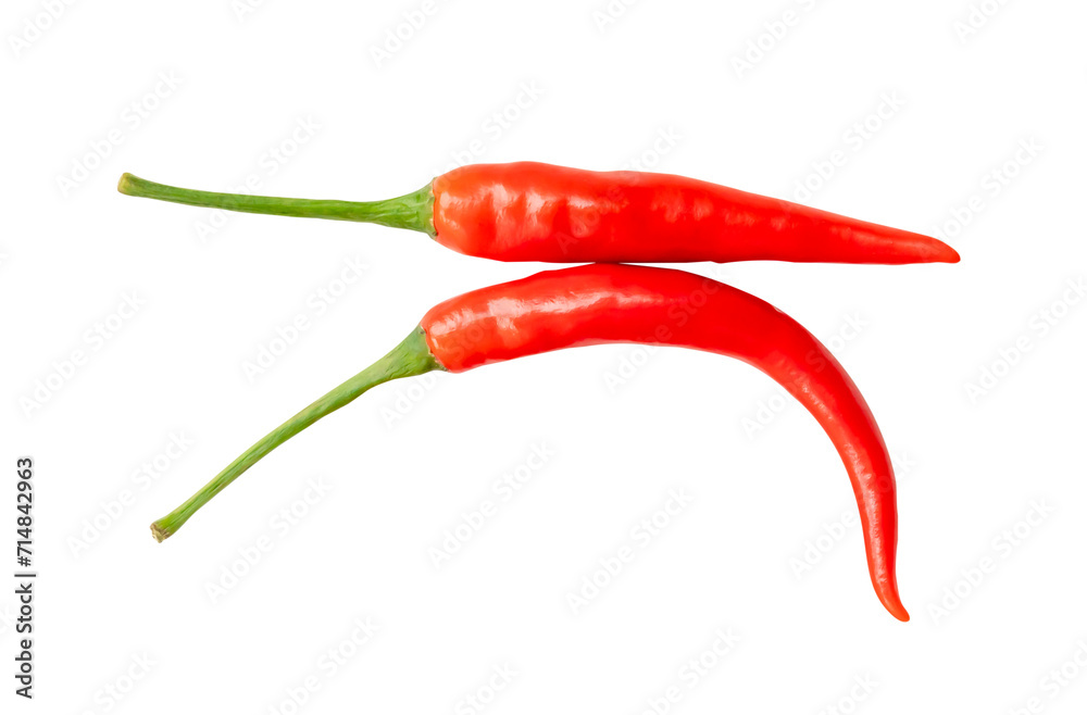 Top view of fresh red chili peppers isolated with clipping path in png file format