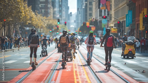A dynamic street-level photo of a diverse group of people using electric scooters, bicycles, and skateboards on a city bike lane, emphasizing sustainability and modern urban transport