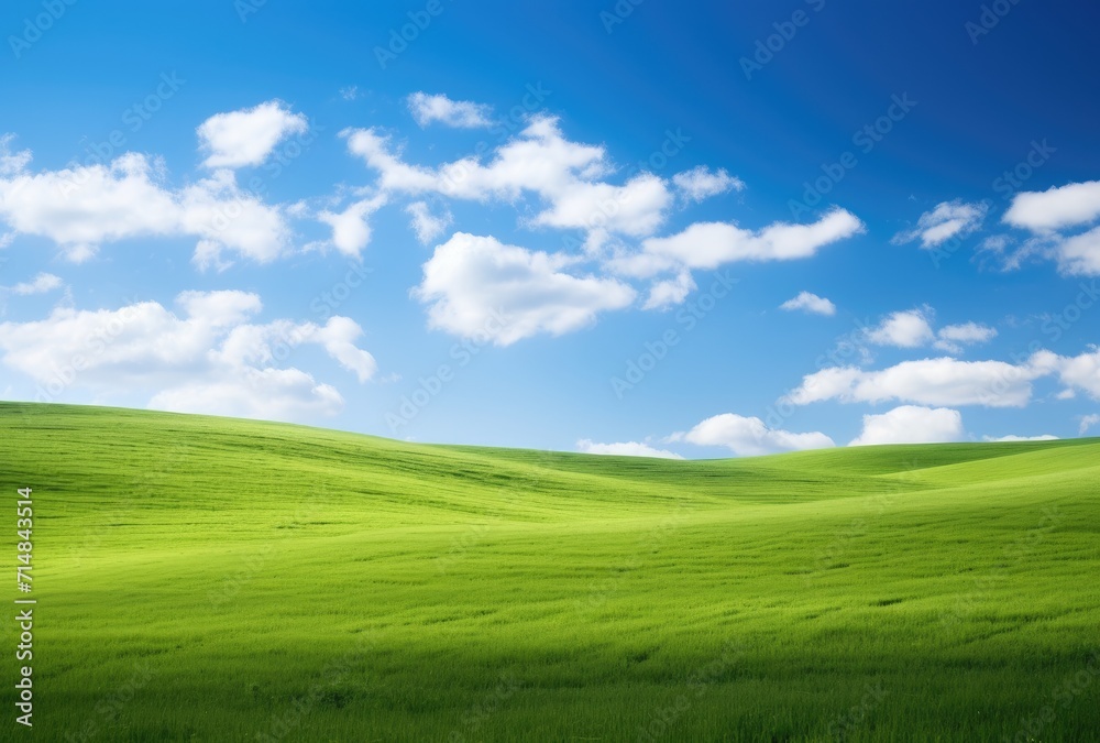 Rolling green hills beneath a brilliant blue sky adorned with fluffy clouds.