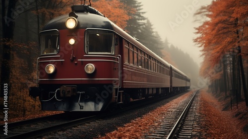 Red train in the beautiful forest and mountains Illustration Generative AI