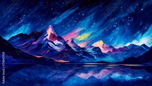 Fragment of multicolored texture painting. Painting  mountains night sky. Surreal colorful digital art of swiss alps  at night with stars  clouds and snow.